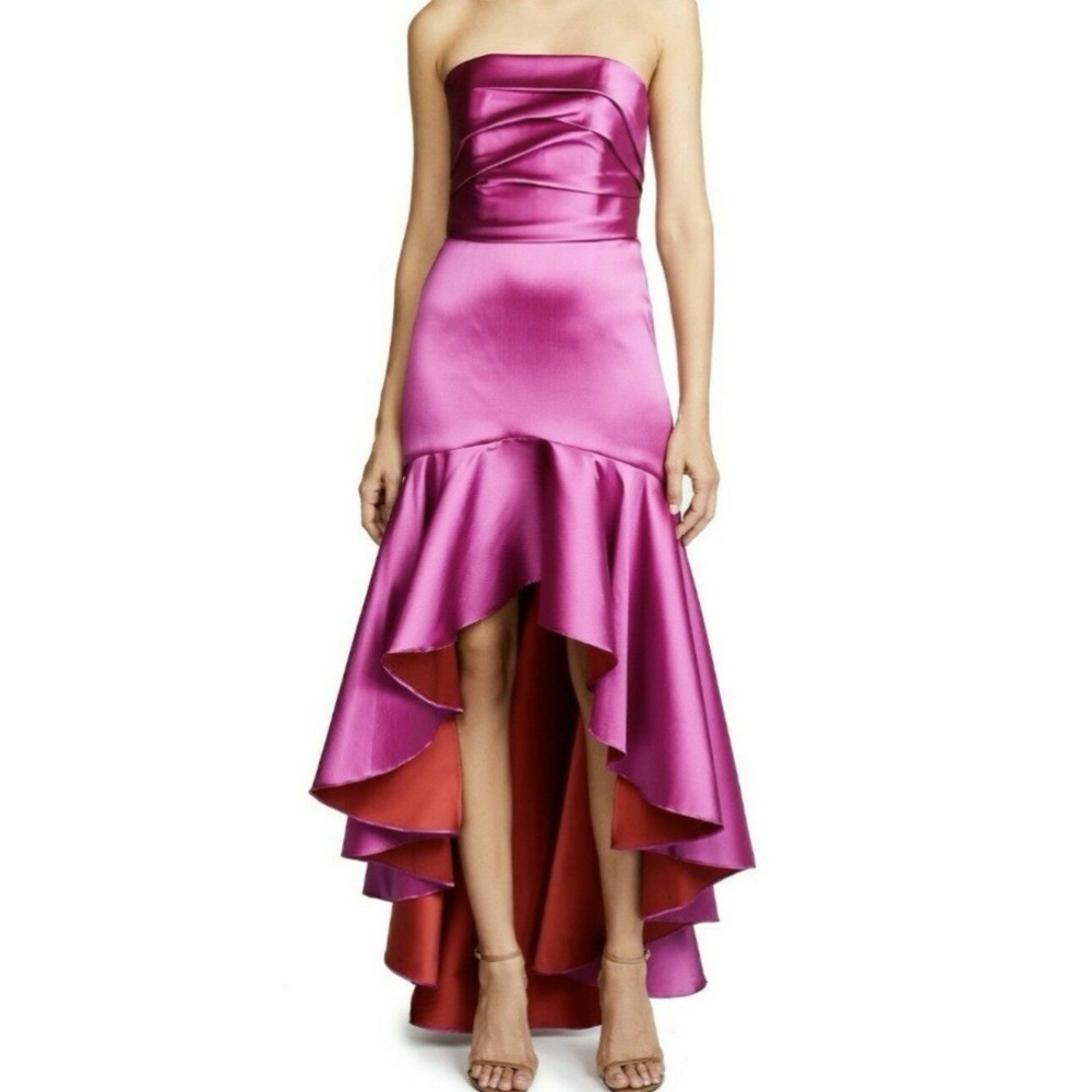 Marchesa Notte mikado fluted high low cocktail dress